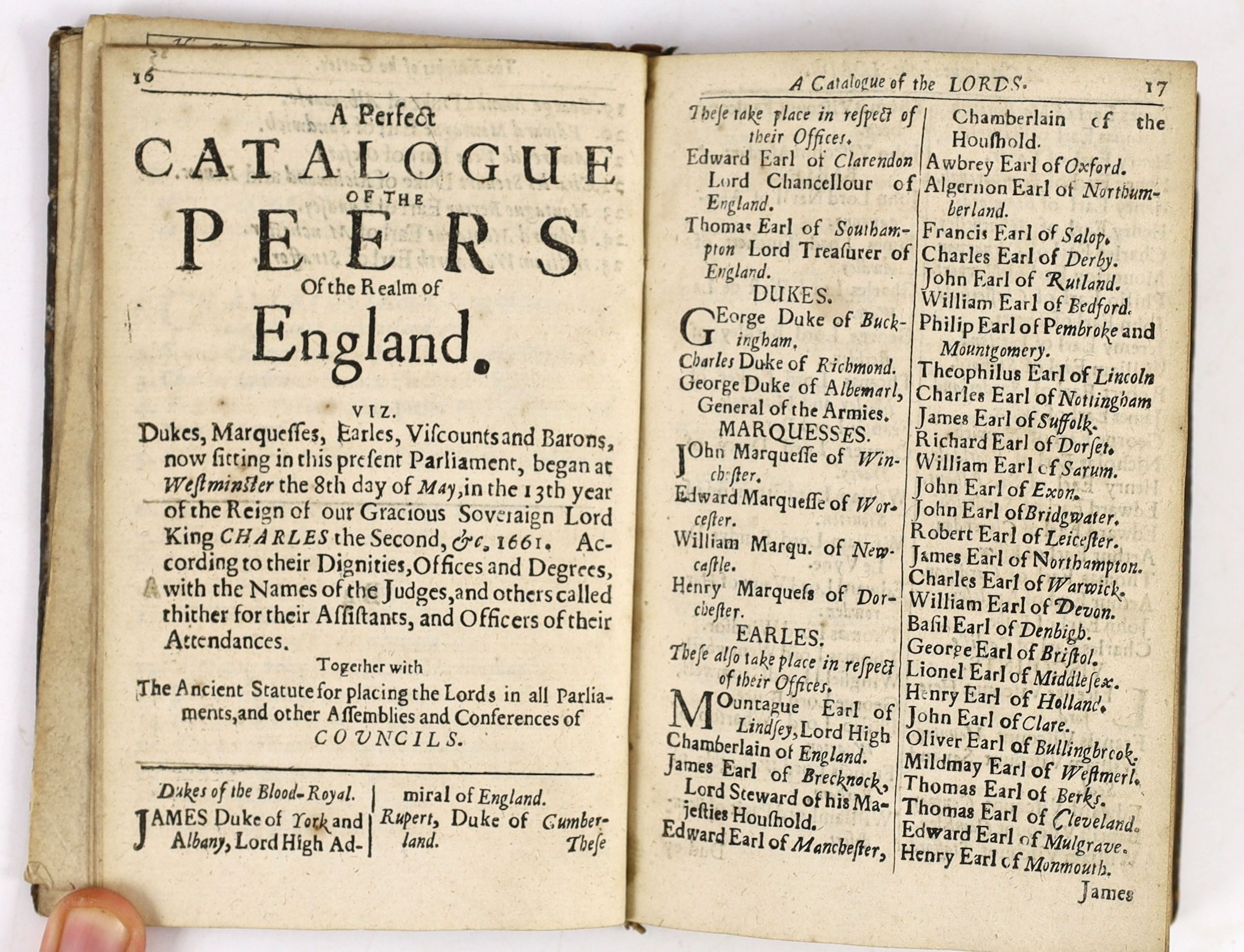 Restoration - Englands Glory, or, an Exact Catalogue of the Lords of his Majesties Most Honourable Privy Council, 12mo, speckled calf, with engraved frontispiece, 78pp, bookplate of John Smith de Burgh, Lord Dunkellin, 1